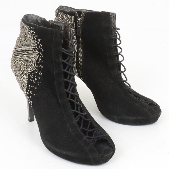SAM EDELMAN Quantam Bling Lace Up Ankle Bootie Suede Stiletto Heel Women Size 9 - Picture 4 of 11